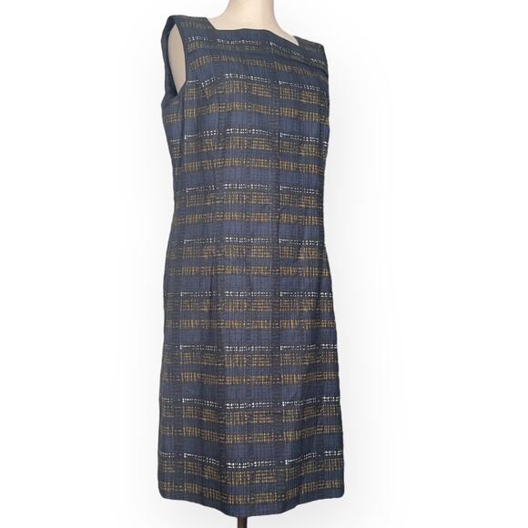 LAFAYETTE 148 NY Striped Sheath Knee Length Dress Gold Blue Career Sleeveless 12 - Picture 6 of 13